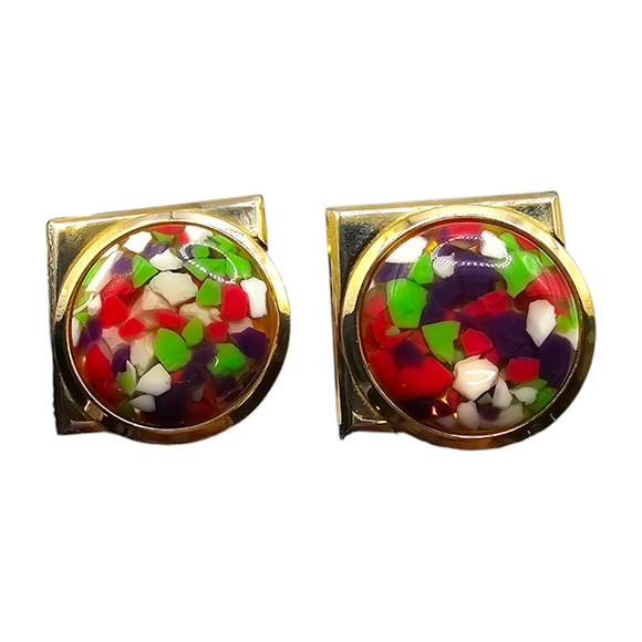 Clip-On Earrings Confetti Mosaic Multicolor Bold Retro Statement Gold Tone - Picture 1 of 7